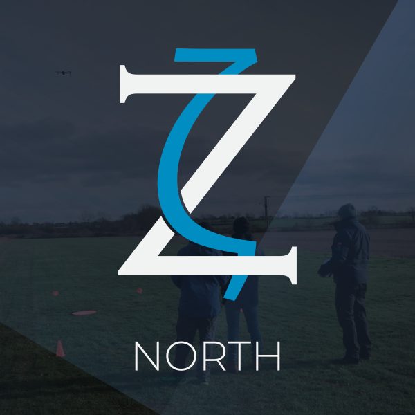 Zeta North logo against navy blue background and image of men flying drone.