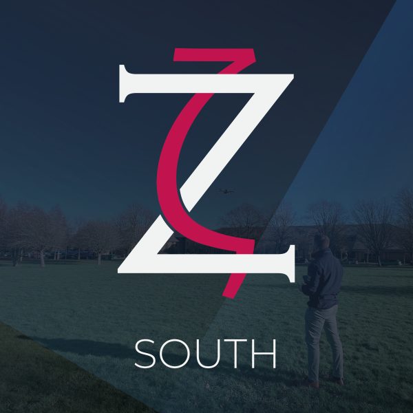 Zeta South logo against navy blue background and man flying drone.