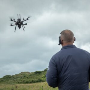 Pilot flying a quadcopter drone against cloudy skies